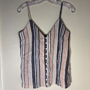 Eclectic Button Front Linen Blend Tank Women's 38 Pink Navy White Stripe NWT